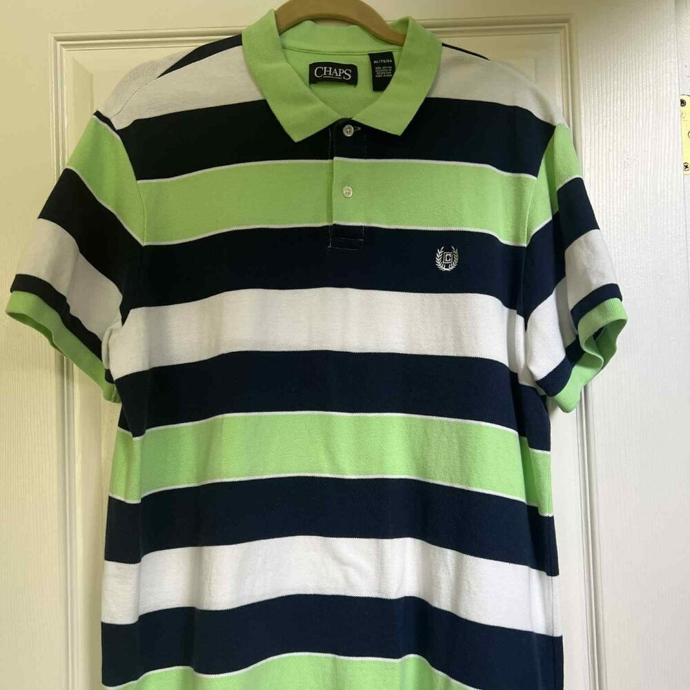 Men’s XL Chaps Knit Polo Shirt – Lime Green, Navy & White Stripes